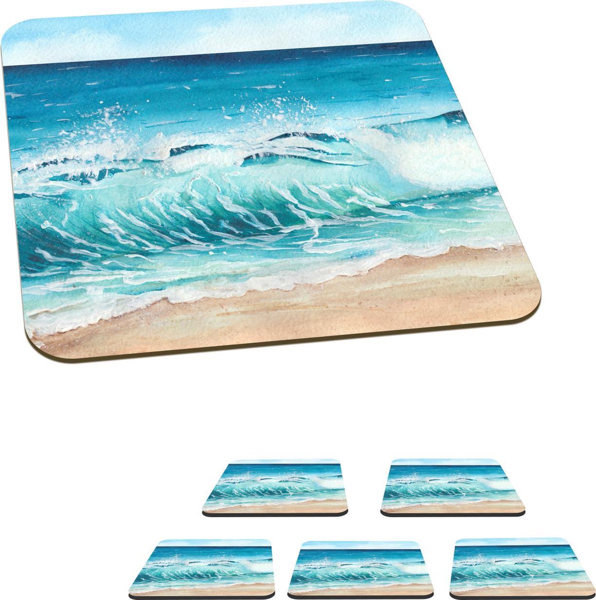 Onderzetters voor glazen - Golf - Strand - Waterverf - 10x10 cm - Glasonderzetters - 6 stuks