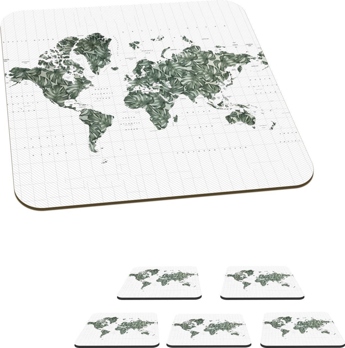 Onderzetters voor glazen - Wereldkaart - Groen - Bladeren - 10x10 cm - Glasonderzetters - 6 stuks