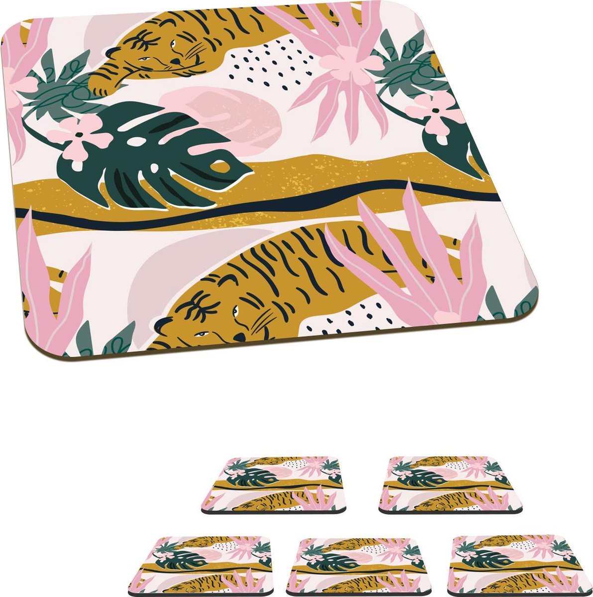 Onderzetters voor glazen - Patroon - Tijger - Roze - 10x10 cm - Glasonderzetters - 6 stuks