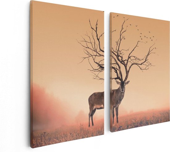 Artaza Canvas Schilderij Tweeluik Hert Met Een Bomen Gewei - 80x60 - Foto Op Canvas - Canvas Print