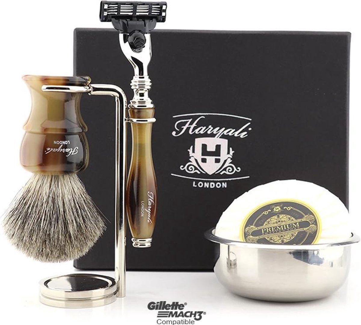 Handgemaakte herenscheerset met originele scheerkwast, scheermes met 3 snijkanten, standaard, zeep en kom, perfecte cadeauset voor mannen
