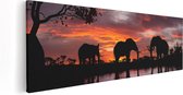 Artaza Canvas Schilderij Olifanten Tijdens Zonsondergang - Silhouet - 120x40 - Groot - Foto Op Canvas - Canvas Print