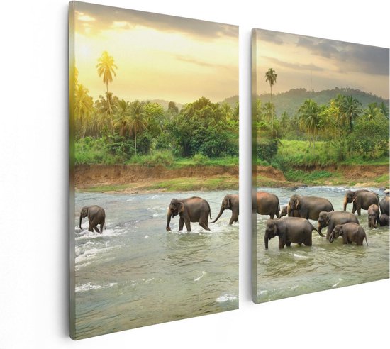 Artaza Canvas Schilderij Tweeluik Kudde Olifanten In Het Water - 80x60 - Foto Op Canvas - Canvas Print
