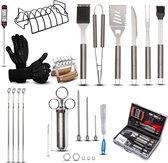 Rednas Luxe BBQ Accesoires set met Marinade Injectiespuit - BBQ Handschoenen - Vleesklauwen - Spareribs Rek - BBQ Gereedschaps-set - 29-delig - RVS/Koffer