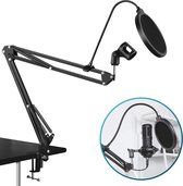 Áengus Flexibele Microfoonstandaard, Broadcast Microfoonarm - met Popfilter – tafelmontage - zwart