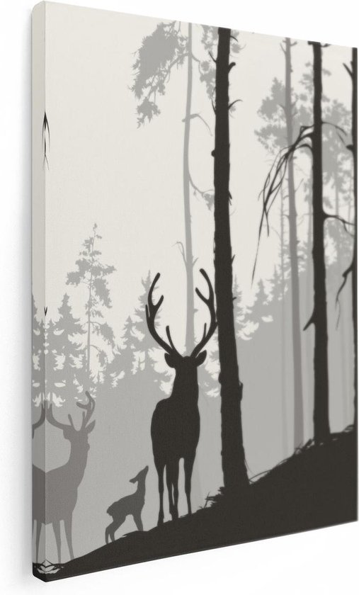 Artaza Canvas Schilderij Herten In Het Bos - Silhouet  - 60x80 - Foto Op Canvas - Canvas Print