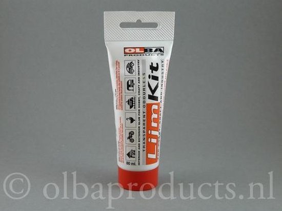 Witte tube lijm van Olba Products met rode dop. Tekst in rood en zwart.