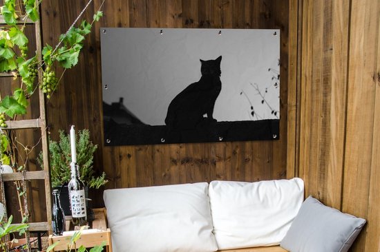 Affiche jardin - Toile Posters de jardin extérieur - Silhouette de chat - noir et blanc - 120x80 cm - Jardin