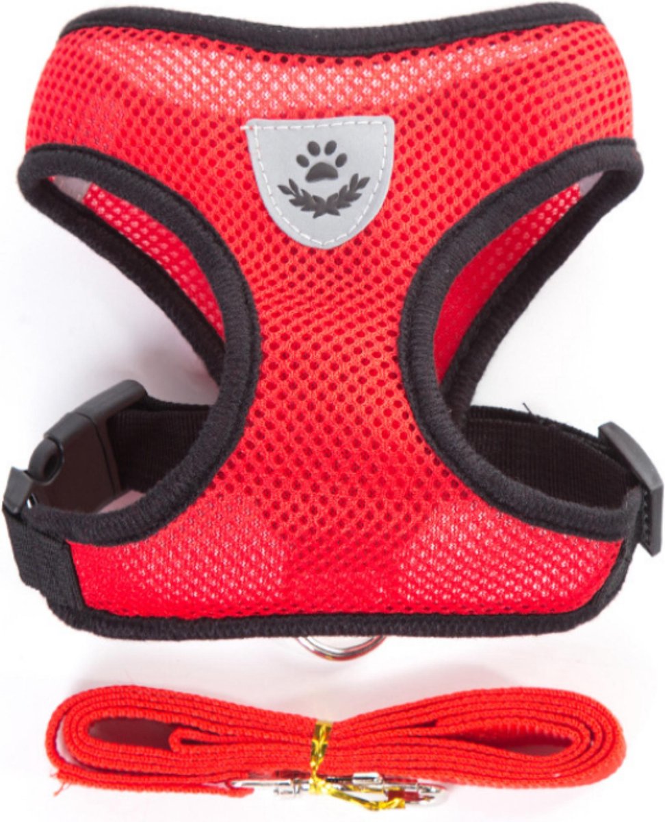 Verstelbare katten / hondentuig met gratis looplijn - Maat M - Hondenharnas - Anti trek - Voor kleine honden, puppy's en normale katten - No pull harnas - Harness hond - Honden Harnas - Kattentuigje met looplijn - Rood