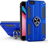 Koolstofvezelpatroon PC + TPU-beschermhoes met ringhouder voor iPhone 8/7 (donkerblauw)