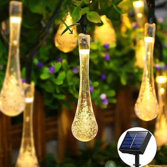 Éclairage de jardin à led Solar | Guirlandes lumineuses à énergie solaire Raindrop + USB | Décoration de jardin | 9 mètres | 50 lumières LED + télécommande | Éclairage festif | Étanche |  Trop beau pour le jardin | Lumière blanc chaud