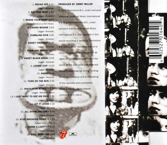 Zwart-wit foto van de bandleden van The Rolling Stones op de achterkant van een albumhoes.