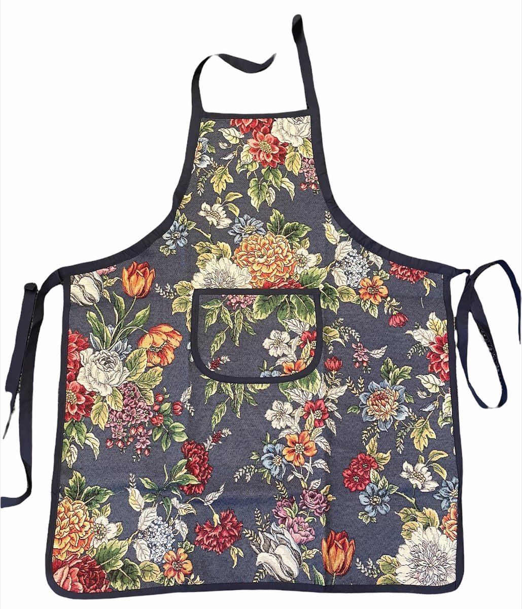 Schort - luxe gobelinstof - Kate Navy - Donker Blauw met kleurige bloemen