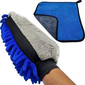 Auto Handschoen + Doek | Microvezel Schoonmaak Spons | Autospons | Washandschoen | Auto Wassen | Schoonmaakspons | Schoonmaakdoek | Poetsdoek | Grijs/Blauw