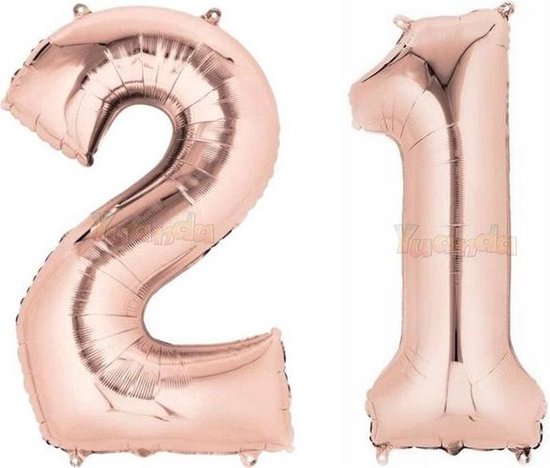21 Jaar Folie Ballonnen Rosé Goud - Happy Birthday - Foil Balloon - Versiering - Verjaardag - Man / Vrouw - Feest - Inclusief Opblaas Stokje & Clip - XXL - 115 cm