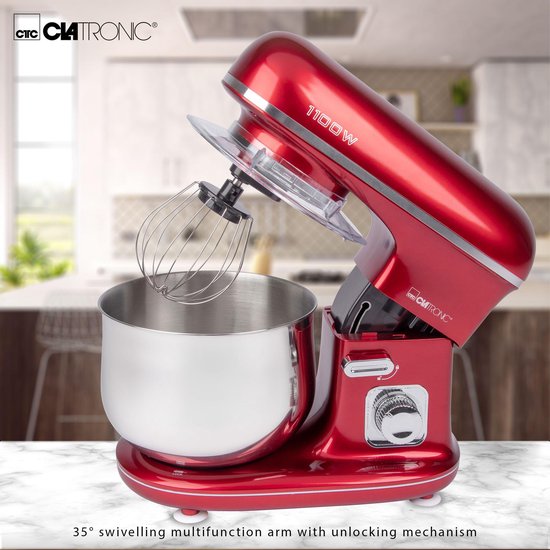 Clatronic KM 3712 krachtige kneedmachine incl. transparant spatdeksel met navulopening, 1100 watt, 5 liter, draaibare multifunctionele arm, rood van Clatronic — afbeelding 4