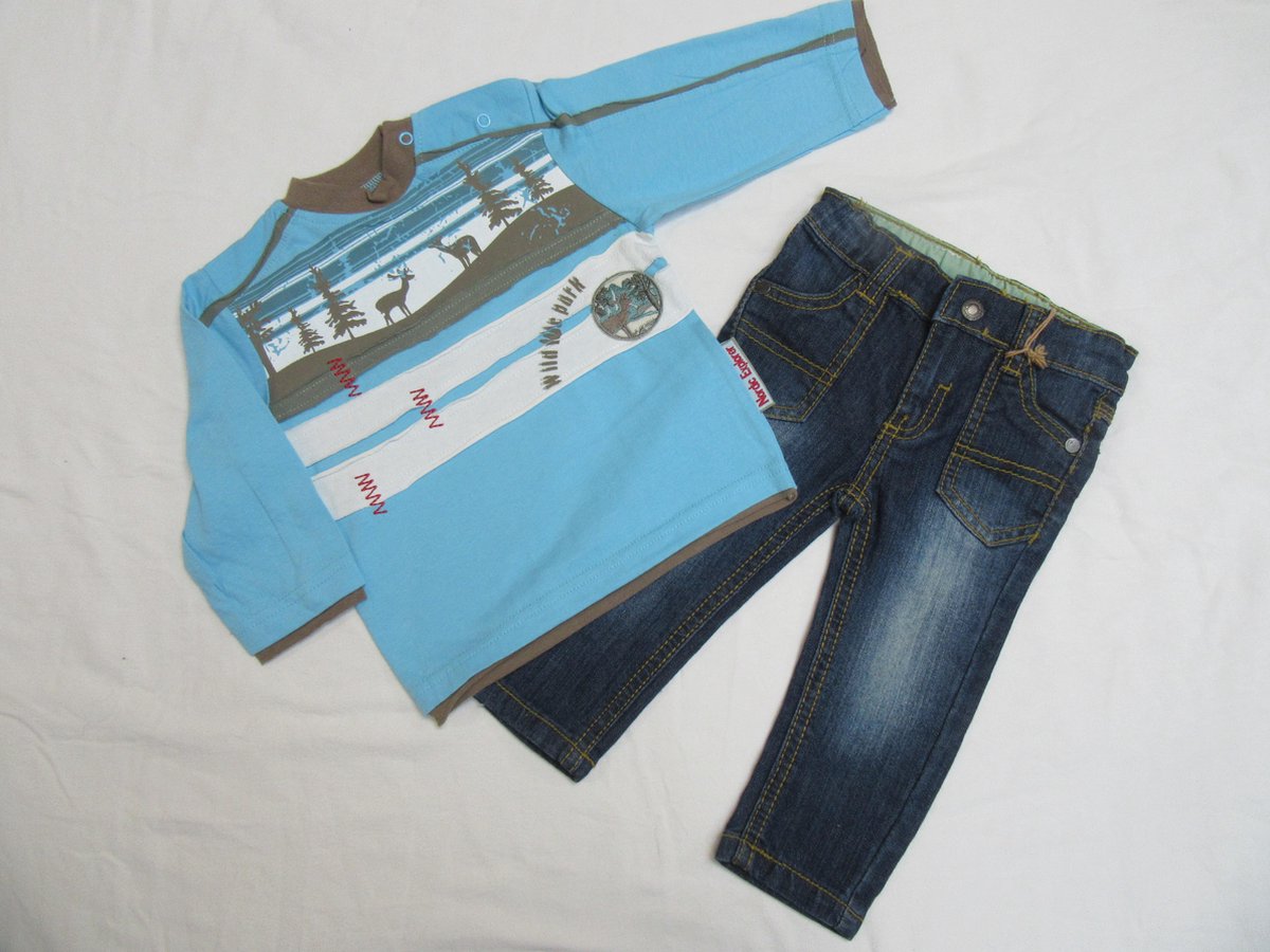 Dirkje ,jongens , kledingset , tshirt lange mouw blauw + jeans , 80 - 12 maand