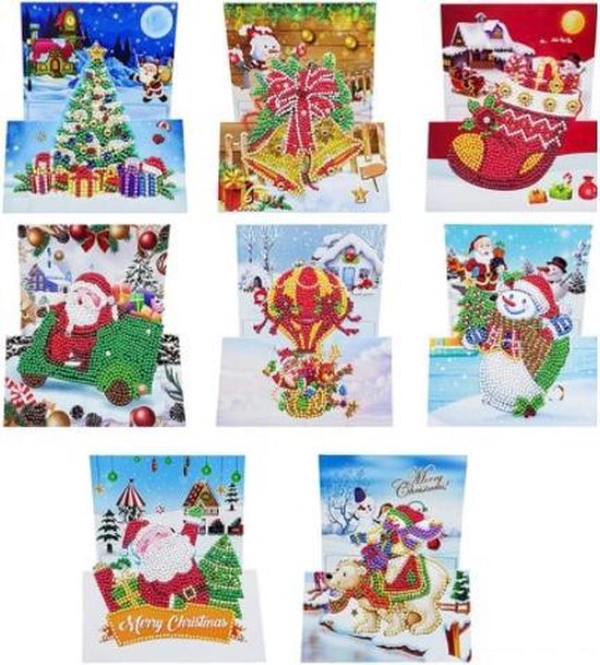 Cards & Crafts 8 3D Diamond Painting Kerstkaarten - 15x15cm - Christmas kaarten met enveloppen - Diamond painting complete set