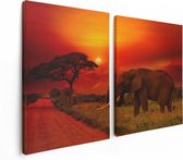 Artaza Canvas Schilderij Tweeluik Olifant In Het Wild Tijdens Zonsondergang - 120x80 - Foto Op Canvas - Canvas Print