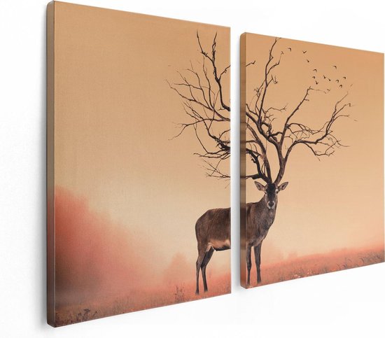 Artaza Canvas Schilderij Tweeluik Hert Met Een Bomen Gewei - 120x80 - Foto Op Canvas - Canvas Print