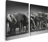 Artaza Canvas Schilderij Tweeluik Groep Olifanten Bij Het Water - Zwart Wit - 120x80 - Foto Op Canvas - Canvas Print