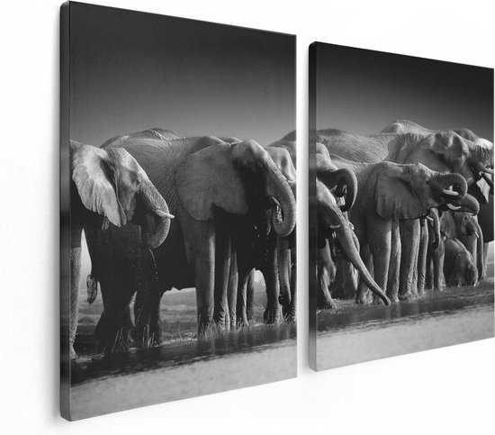 Artaza Canvas Schilderij Tweeluik Groep Olifanten Bij Het Water - Zwart Wit - 120x80 - Foto Op Canvas - Canvas Print