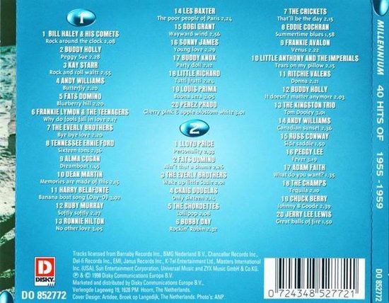 Achterkant van de CD-hoes met lijst van 40 hits uit 1955-1959, inclusief artiesten en titels. Met logo's van Disky en Millennium.