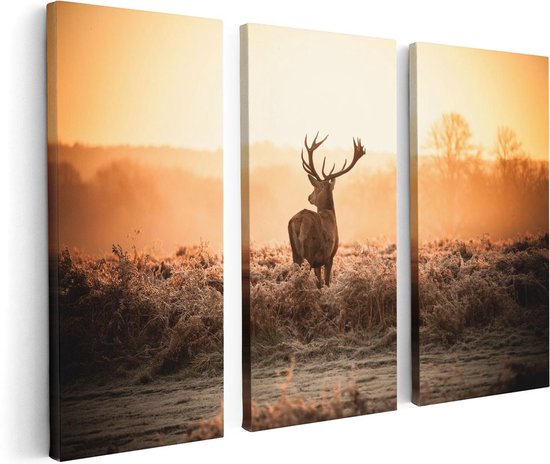 Artaza Canvas Schilderij Drieluik Hert In De Wei Tijdens De Zonsopkomst - 120x80 - Foto Op Canvas - Canvas Print