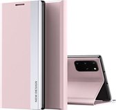 Voor Samsung Galaxy Note20 Side gegalvaniseerde magnetische ultradunne horizontale flip lederen hoes met houder (roze)
