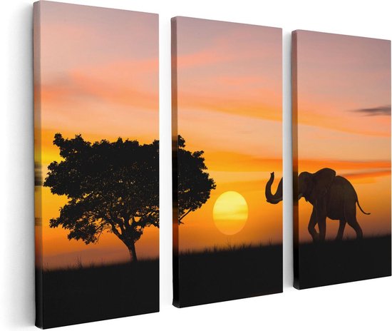 Artaza Canvas Schilderij Drieluik Olifant Silhouet Tijdens Zonsondergang  - 120x80 - Foto Op Canvas - Canvas Print