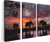 Artaza Canvas Schilderij Drieluik Olifanten Tijdens Zonsondergang - Silhouet - 120x80 - Foto Op Canvas - Canvas Print