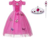 Het Betere Merk - Prinsessenjurk meisje - Roze vlinders - Verkleedkleren meisje - Maat 110/116 (120) - Toverstaf - Kroon - Tiara - Roze jurk - Fuchsia - Carnavalskleding kinderen