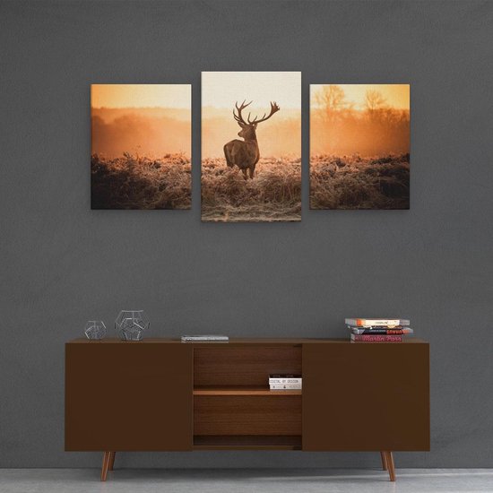 Artaza - Triptyque de peinture sur toile - Cerf dans le pâturage pendant le lever du soleil - 120x60 - Photo sur toile - Impression sur toile