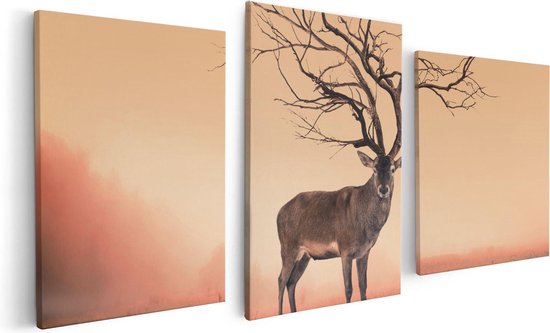 Artaza Canvas Schilderij Drieluik Hert Met Een Bomen Gewei - 120x60 - Foto Op Canvas - Canvas Print