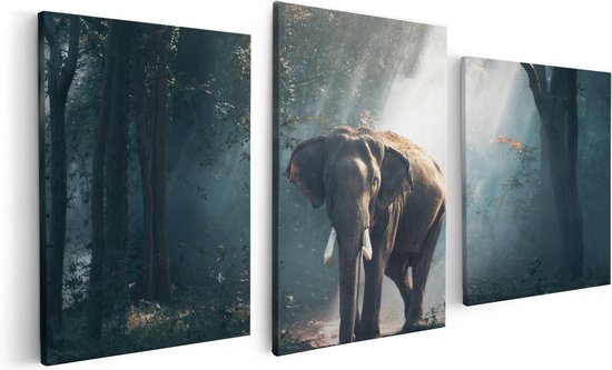 Artaza - Triptyque de peinture sur toile - Éléphant dans la forêt avec du soleil - 120x60 - Photo sur toile - Impression sur toile