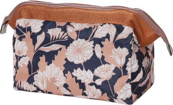 Fako Fashion® - Make-up Tasje - Kleine Make-up Tas - Etui - 18x9x13cm - Bloemen Donkerblauw