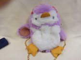 Leuke knuffel in imitatie konijnenbont, 3 in 1 knuffel +handtas+rugzak: dier is penguïn kleur is paars+wit