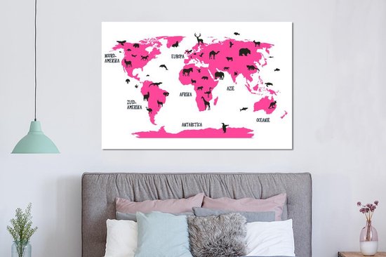 Décoration murale Métal - Peinture Aluminium - Wereldkaart Enfants - Rose - Animaux - 150x100 cm