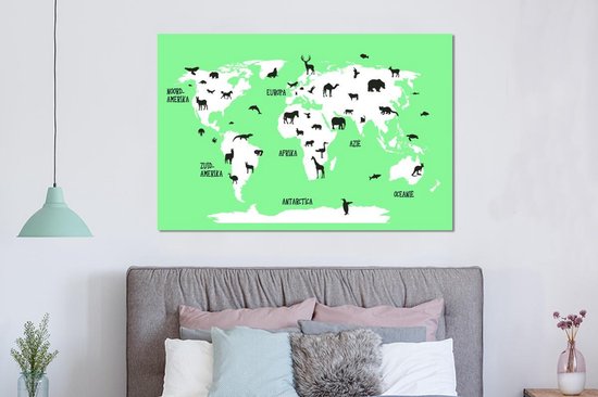 Décoration murale Métal - Peinture Aluminium - Wereldkaart Enfants - Animaux - Vert Menthe - 150x100 cm