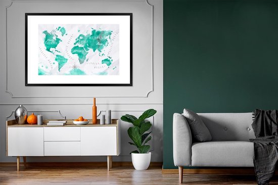 Poster in lijst - Fotolijst 120x80 cm - Posters - Wereldkaart - Schilderij - Waterverf - Posterlijst zwart - Decoratie - Wanddecoratie woonkamer - Muurdecoratie slaapkamer