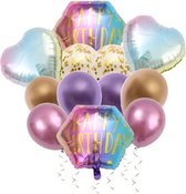 Ballonnen - happy birthday -  pakket 12 stuks - folie latex - goud/paars