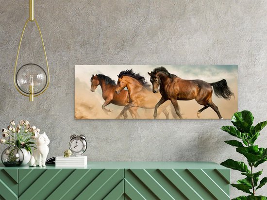 Artaza Canvas Schilderij Drie Bruine Paarden - 60x20 - Foto Op Canvas - Canvas Print