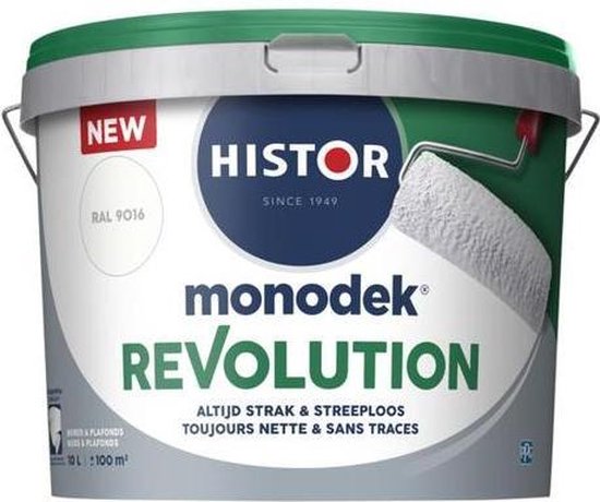 Histor MonoDek Revolution Muurverf Mat - Goed Reinigbaar - Optimale Dekking – Afwasbaar - 10L - RAL 9016