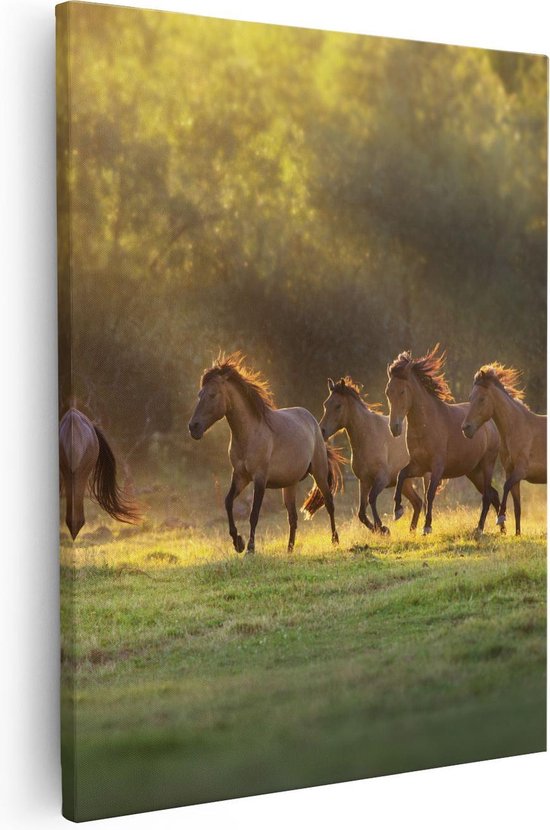 Artaza - Canvas Schilderij - Kudde Bruine Paarden In De Wei - Foto Op Canvas - Canvas Print