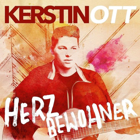 Albumhoes van Kerstin Ott, Herzbewohner, met portret en gitaar op oranje aquarelachtergrond.