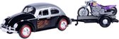Volkswagen Beetle (Zwart/Zilver) + Motor met aanhanger (Paars/Zwart) (30 cm) 1/24 Motor Max - Modelauto - Schaalmodel - Model auto - Miniatuurautos - Miniatuur auto