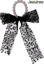 Jessidress® Elastiekje Dames Haar elastiek met sjaal Scrunchie met lint Haarsjaal met Parels - Zwart