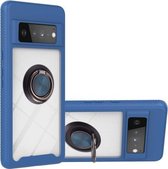 Voor Google Pixel 6 Pro Sterrenhemel Effen Kleur Serie Schokbestendige PC + TPU Beschermhoes met Ring Houder & Magnetische Functie (Blauw)