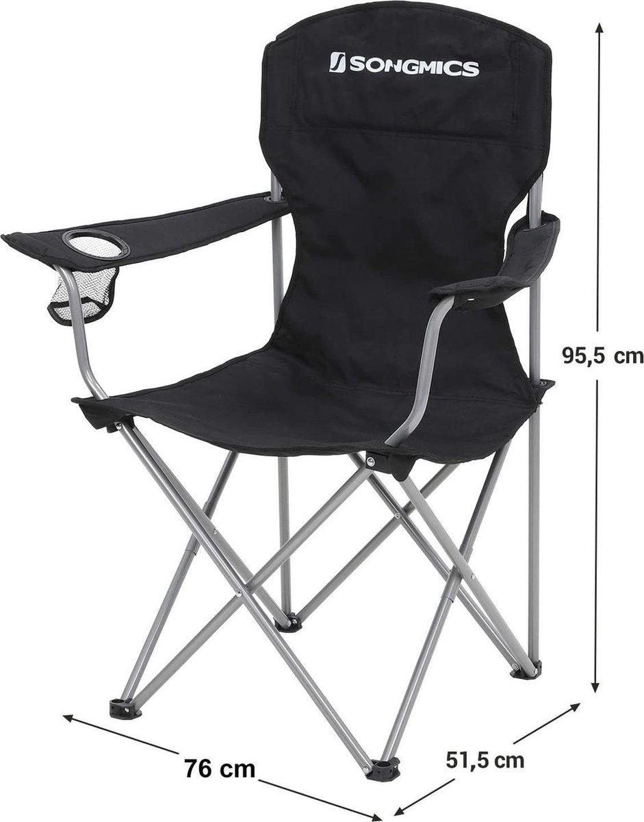 SONGMICS Campingstoel, set van 2, inklapbaar, comfortabel, klapstoel met robuust frame, belastbaar tot 150 kg, met flessenhouder, outdoor stoel, zwart GCB08BK, XL