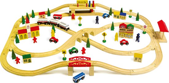 Set de train en bois - 130 pieces, jouets en bois